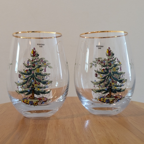 Other - NWT set of 2 Spode Christmas tree stemless wine glasses